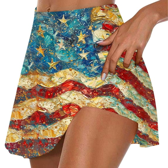 Independence Day Tennis Skirts For Women High Waisted Skorts with Underneath Shorts American Flags Printed Elastic Yoga Skirts Summer Running Athletic Skort