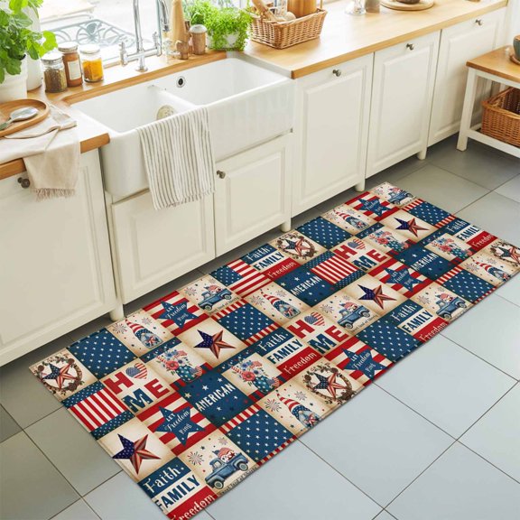 Independence Day Texas Stars Rectangle Area Rug 2x6ft,Living Room Rug Non-Slip Washable Circle Rugs Pad,USA Flag Blue Farm Car Soft Floor Carpet for Bedroom Dining Room