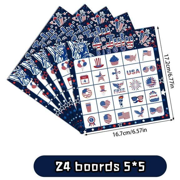Independence Day Theme Party Bingo Game ,24 Cards with Stickers & Call Cards, Patriotic Red White Blue Board Game for Family Gatherings