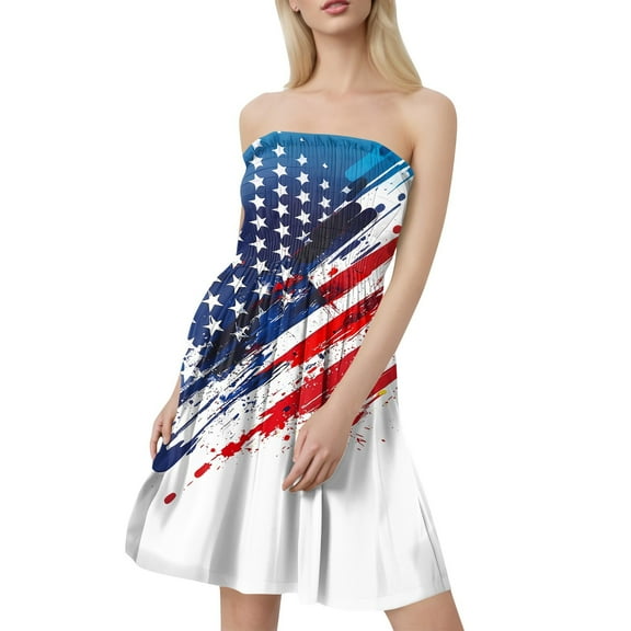 Independence Day Themed Bandeau Dress for Women, Sleeveless Flowy Tank Dress with Vibrant Print, Perfect for Beach Bonfires and Family BBQs,White L