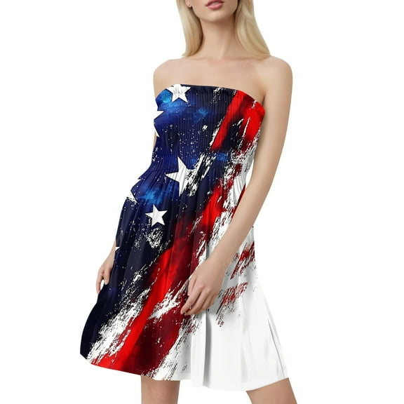 Independence Day Themed Bandeau Dress for Women, Sleeveless Flowy Tank Dress with Vibrant Print, Perfect for Beach Bonfires and Family BBQs,Wine S