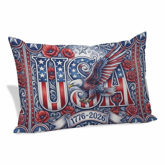 Independence Day Throw Pillow Covers, 1776-2026 USA Bald Eagle USA Flag Flower Decorative Lumbar Throw Pillowcase Cushion Cover with Smooth Hidden Zipper for Bedroom Sofa 12 x 20 Inches