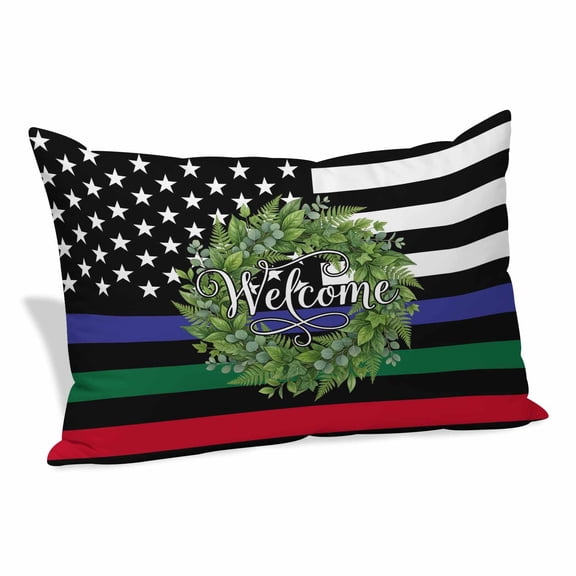Independence Day Throw Pillow Covers, US Flag Day Patriotic Weclome Wreath Red Black Stripes Decorative Lumbar Throw Pillowcase Cushion Cover with Smooth Hidden Zipper for Bedroom Sofa 12 x 20 Inches