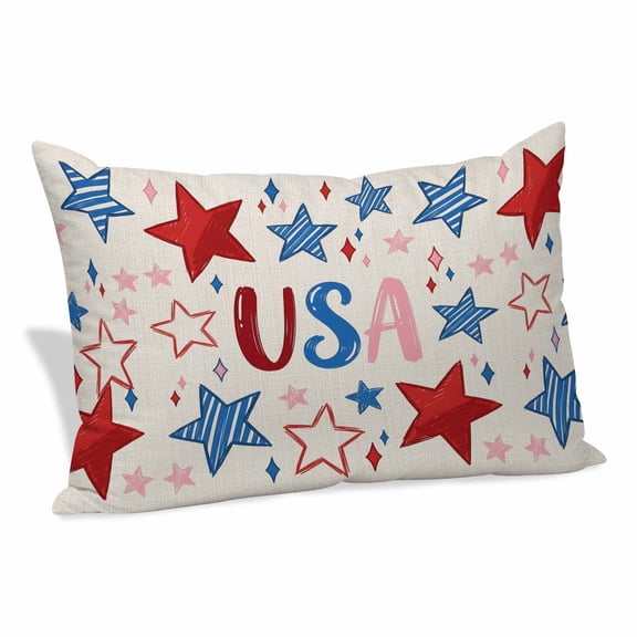 Independence Day Throw Pillow Covers, USA Star Patriotic Rustic Cartoon Decorative Lumbar Throw Pillowcase Cushion Cover with Smooth Hidden Zipper for Bedroom Sofa 12 x 20 Inches