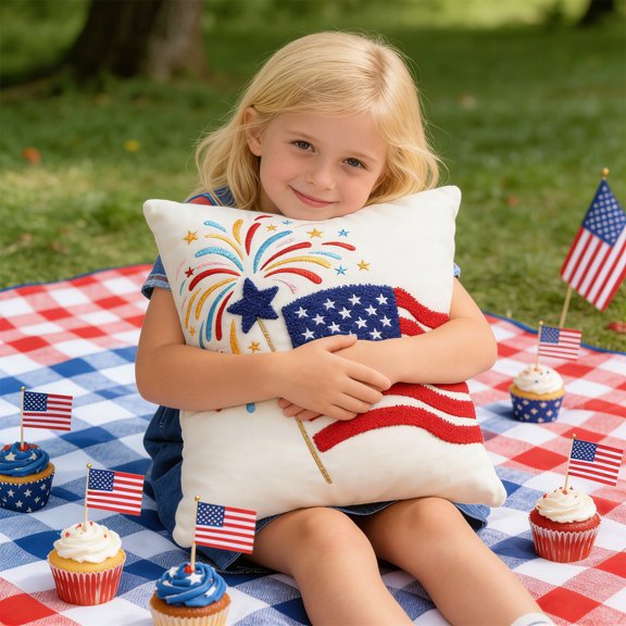 Independence Day Throw Pillow, Embroidered American Canvas Cushion with Pillow Insert, Outdoor Patriotic Decor Pillow, Soft Accent for Home Sofa Couch Bed