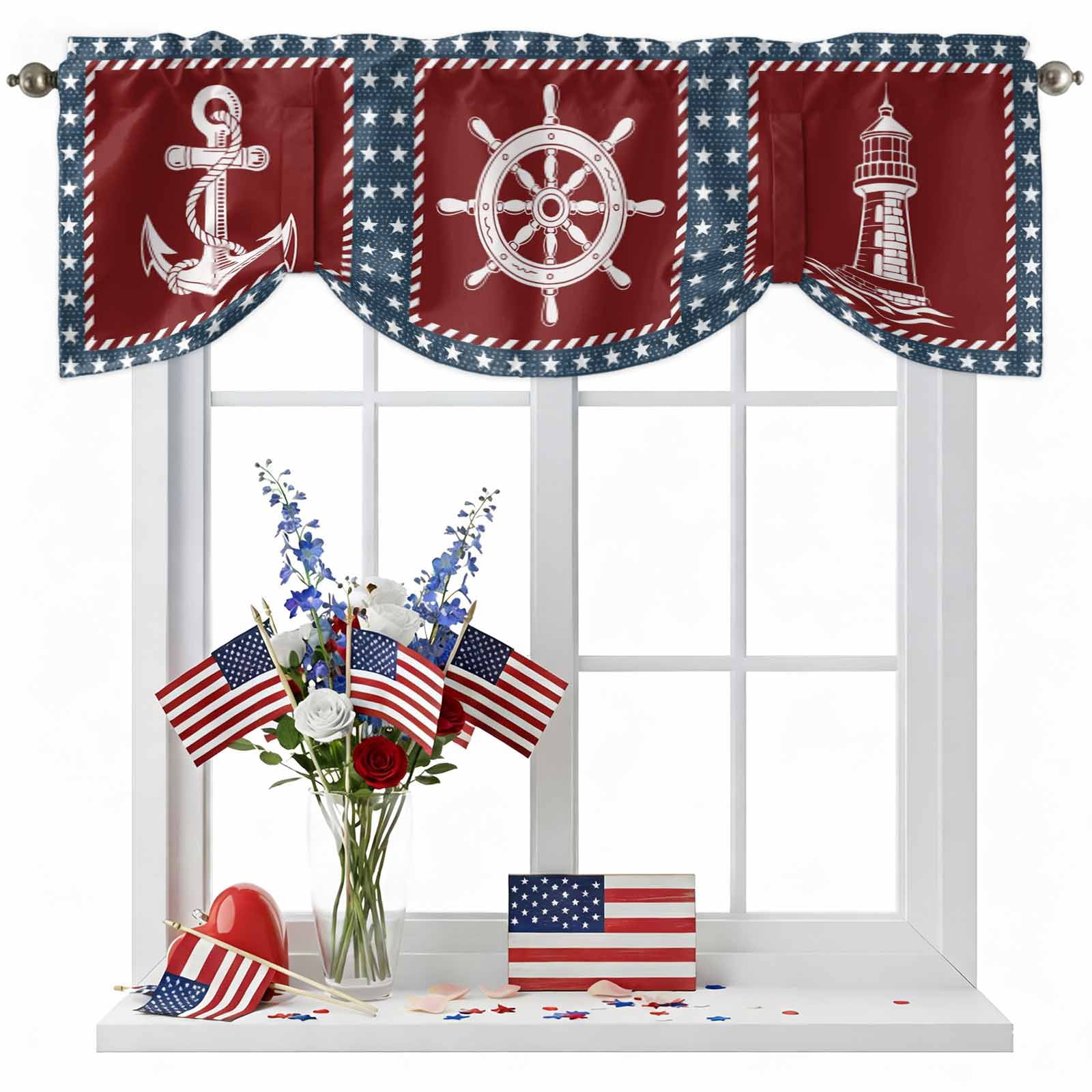 Independence Day Tie Up Valances Curtain, Adjustable Kitchen America Flag Star Ocean Lighthouse Anchor Rudder Valances for Windows Decor, Rod Pocket Short Curtains Set for Bedroom/Bathroom, 54"x18"