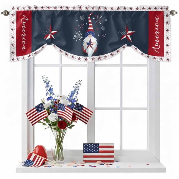 Independence Day Tie Up Valances Curtain, Adjustable Kitchen American Flag Pentagram Gnome celebration Valances for Windows Decor, Rod Pocket Short Curtains Set for Bedroom/Bathroom, 42"x12"