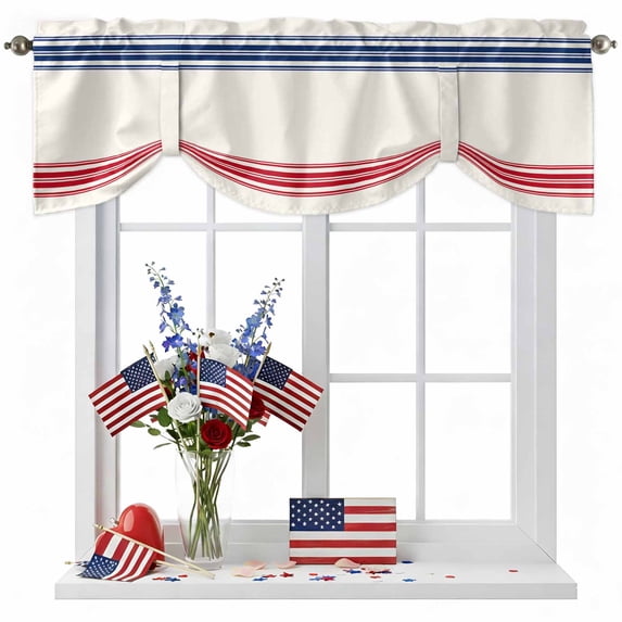 Independence Day Tie Up Valances Curtain, Adjustable Kitchen Flag Day Blue Red Stripe Vintage Valances for Windows Decor, Rod Pocket Short Curtains Set for Bedroom/Bathroom, 54"x18"
