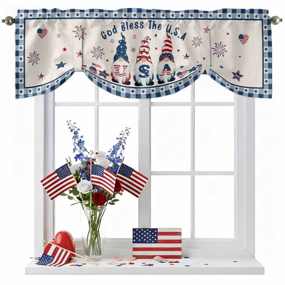 Independence Day Tie Up Valances Curtain, Adjustable Kitchen God Bless the USA Gnome Blue Plaid Valances for Windows Decor, Rod Pocket Short Curtains Set for Bedroom/Bathroom, 60"x18"