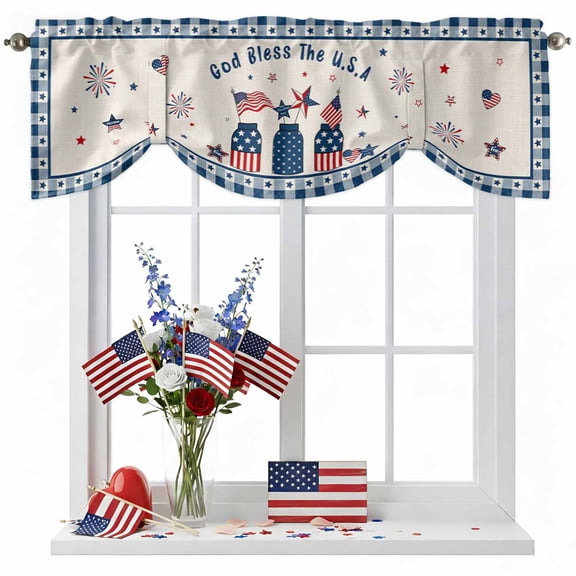 Independence Day Tie Up Valances Curtain, Adjustable Kitchen God Bless the USA Linen Blue Plaid Valances for Windows Decor, Rod Pocket Short Curtains Set for Bedroom/Bathroom, 42"x12"