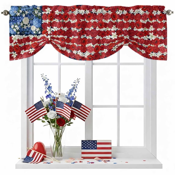 Independence Day Tie Up Valances Curtain, Adjustable Kitchen Patriotic Blue Red Flowers U.S. Flag Style Valances for Windows Decor, Rod Pocket Short Curtains Set for Bedroom/Bathroom, 54"x18"