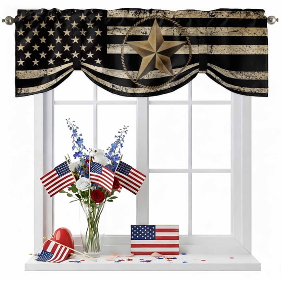 Independence Day Tie Up Valances Curtain, Adjustable Kitchen Retro Five-Pointed Star U.S. Flag Vintage Valances for Windows Decor, Rod Pocket Short Curtains Set for Bedroom/Bathroom, 54"x18"