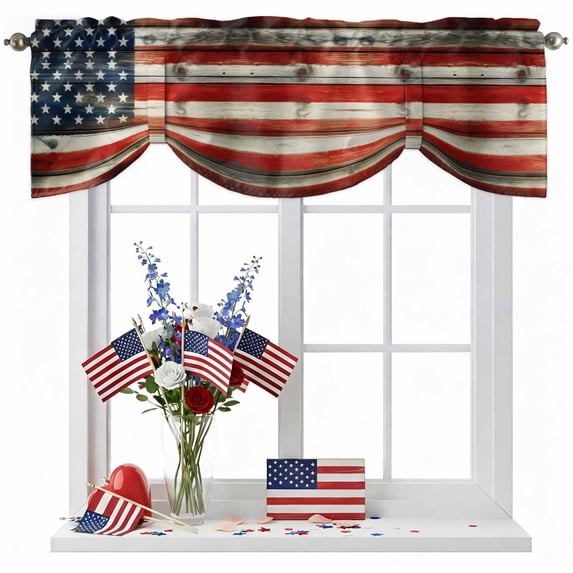 Independence Day Tie Up Valances Curtain, Adjustable Kitchen Retro US Flag Wood Grain Vintage Stars Valances for Windows Decor, Rod Pocket Short Curtains Set for Bedroom/Bathroom, 42"x12"