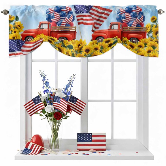 Independence Day Tie Up Valances Curtain, Adjustable Kitchen U.S. Flag Bubble Red Truck Sunflower Valances for Windows Decor, Rod Pocket Short Curtains Set for Bedroom/Bathroom, 42"x12"