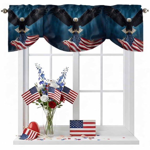 Independence Day Tie Up Valances Curtain, Adjustable Kitchen U. S. Flag Cool Soaring Bald Eagle Valances for Windows Decor, Rod Pocket Short Curtains Set for Bedroom/Bathroom, 42"x12"
