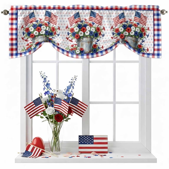 Independence Day Tie Up Valances Curtain, Adjustable Kitchen U. S. Flag Red White Blue Poppy Colorful Plaid Valances for Windows Decor, Rod Pocket Short Curtains Set for Bedroom/Bathroom, 42"x12"