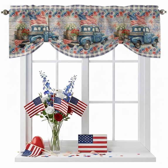 Independence Day Tie Up Valances Curtain, Adjustable Kitchen U. S. Flag Retro Truck Watercolor Flowers Plaid Valances for Windows Decor, Rod Pocket Short Curtains Set for Bedroom/Bathroom, 54"x18"