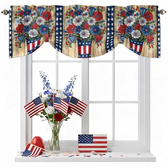 Independence Day Tie Up Valances Curtain, Adjustable Kitchen U.S. Flag Themed Farmhouse Flower Retro Wood Grain Valances for Windows Decor, Rod Pocket Short Curtains Set for Bedroom/Bathroom, 42"x12"