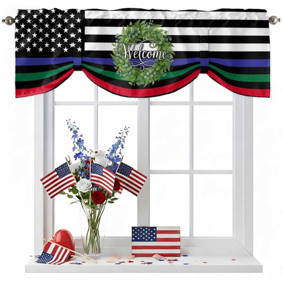 Independence Day Tie Up Valances Curtain, Adjustable Kitchen US Flag Day Patriotic Weclome Wreath Red Black Stripes Valances for Windows Rod Pocket Short Curtains Set for Bedroom/Bathroom, 42"x12"