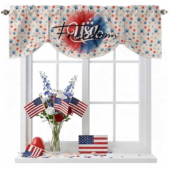 Independence Day Tie Up Valances Curtain, Adjustable Kitchen USA Freedom Red Blue Star Vintage Linen Texture Valances for Windows Decor, Rod Pocket Short Curtains Set for Bedroom/Bathroom, 54"x18"