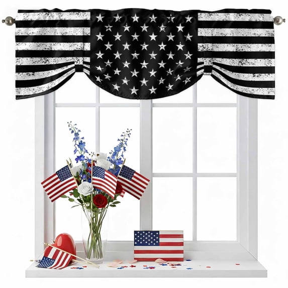 Independence Day Tie Up Valances Curtain, Adjustable Kitchen Vintage Distressed Black and White American Flag Valances for Windows Decor, Rod Pocket Short Curtains Set for Bedroom/Bathroom, 42"x12"