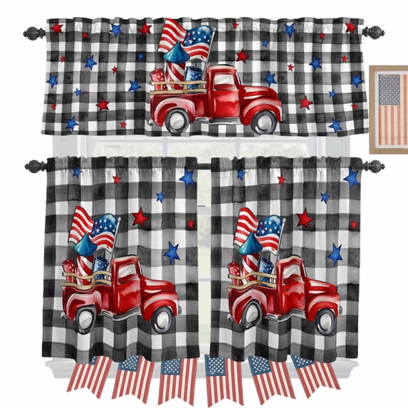 Independence Day Truck Kitchen Curtains Valances 3 Piece Set, Modern Red Blue Star Flag Firework Black Plaid Rod Pocket Tier Curtain and Valance Drapes for Small Window 36 Inch Length for Bedroom