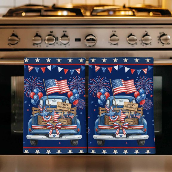 Independence Day Truck Kitchen Towels Set of 1, Blue Star Firework 4th of July Absorbent Dish Towels for Kitchen, Microfiber Hand Towel, Quick Drying Tea Towel for Cleaning Decorative Dishcloths