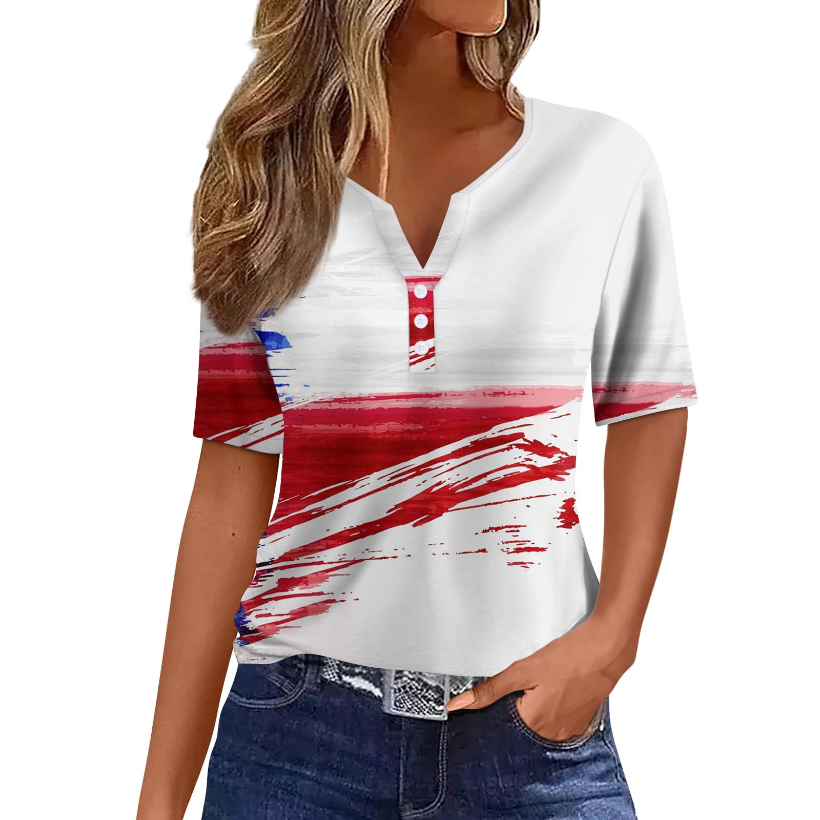 Independence Day Tshirts for Women Summer Cute Stripe Printed Henley
