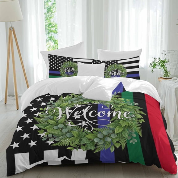 Independence Day Twin Size Comforter Set, Flag Day Patriotic Weclome Wreath Red Black Stripes Bedding for All Seasons, 4 Pcs Bed Set, 1 Quiltcover (68"x86") ,1Sheet(67"x116"), 2Pillowcases (30"x20")