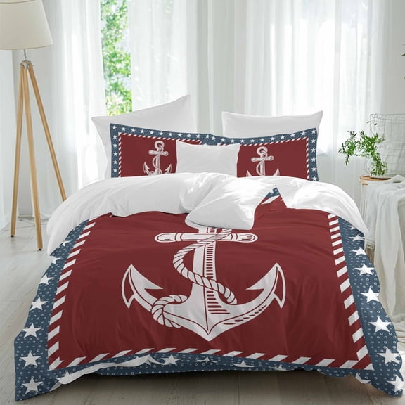 Independence Day Twin Size Comforter Set, U.S. Flag Ocean Coastal Anchorage Star Navy Blue Bedding for All Seasons, 4 Pcs Bed Set, 1 Quiltcover (68"x86") ,1Sheet(67"x116"), 2Pillowcases (30"x20")