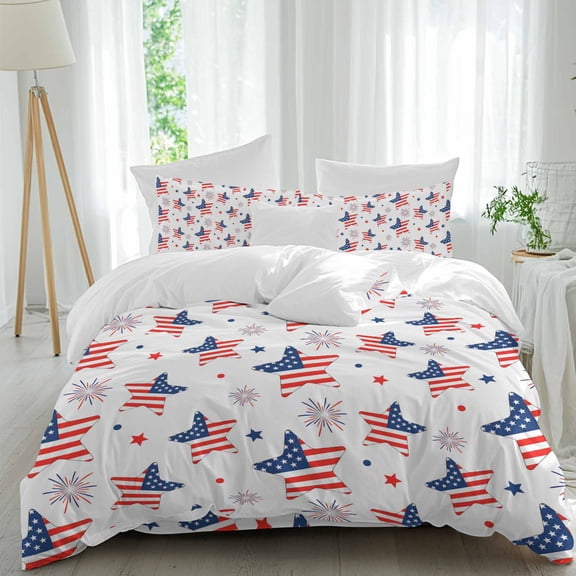Independence Day Twin Size Comforter Set, U.S. Flag Themed Cartoon Five-Pointed Star Firework Bedding for All Seasons, 4 Pcs Bed Set, 1 Quiltcover (68"x86") ,1Sheet(67"x116"), 2Pillowcases (30"x20")