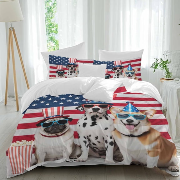 Independence Day Twin Size Comforter Set, U.S. Flag Themed Cute Funny Dog Popcorn Bedding for All Seasons, 4 Pcs Bed Set, 1 Quiltcover (68"x86") ,1Sheet(67"x116"), 2Pillowcases (30"x20")