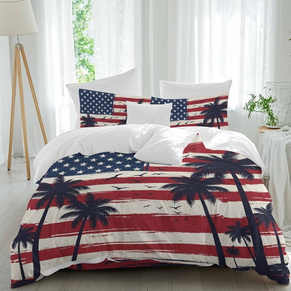 Independence Day Twin Size Comforter Set, U. S. Flag Themed Tropical Coconut Tree Seagull Bedding for All Seasons, 4 Pcs Bed Set, 1 Quiltcover (68"x86") ,1Sheet(67"x116"), 2Pillowcases (30"x20")