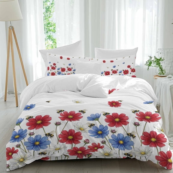 Independence Day Twin Size Comforter Set, Watercolor Red Blue White Daisy Farm Bee Bedding for All Seasons, 4 Pcs Bed Set, 1 Quiltcover (68"x86") ,1Sheet(67"x116"), 2Pillowcases (30"x20")