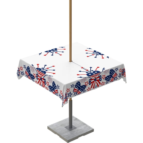 Independence Day US Flag Butterfly Stars Frame Table Cloth with Umbrella Hole and Zipper,Outdoor Tablecloth Waterproof Patio Table Cloths Spillproof Washable Table Cover Farm White Back