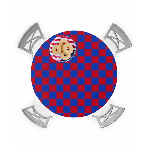 Independence Day USA Buffalo Plaid Fitted Round Tablecloths Elastic Edged Table Covers 45"-54",Red Blue Checkered Flag Waterproof Dining Room Table Cloth for Kitchen Holiday Party Tables Decor