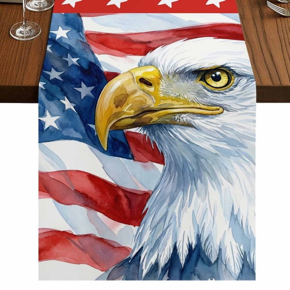 Independence Day USA Flag Burlap Cotton Table Runner 13x48 Inches Long, Patriotic Bald Eagle Farmhouse Table Runners, Outdoor Dining Table Decor for Baby Shower/Party/Wedding