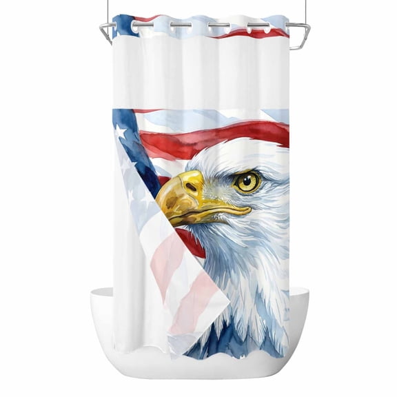 Independence Day USA Flag No Hook Shower Curtain with Snap in Liner, Waterproof Fabric Shower Curtains, Patriotic Bald Eagle Shower Curtain Set Top See Through for Bathroom 36"x72"