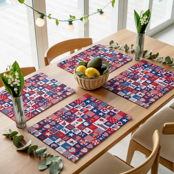 Independence Day USA Flag Placemats Set of 4,Wipeable Washable Table Mats for Dining Tables, Abstract Geometric July 4th Place Mats for Kitchen Event Party Tabletop Decor