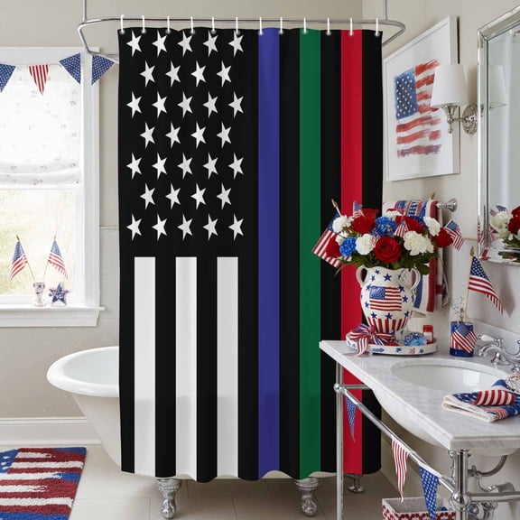 Independence Day USA Flag Red Thin Blue Green Line Shower Curtain for Bathroom, Police Firefighter Military Flags Waterproof Shower Curtains Washable Quick Dry with Hooks Bathtub Curtains 36x72IN