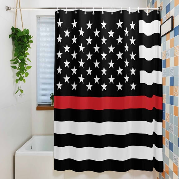 Independence Day USA Flag Thin Red Line Shower Curtain for Bathroom, Patriotic Firefighter Waterproof Shower Curtains Washable Quick Dry with Hooks Bathtub Curtains 72x72IN