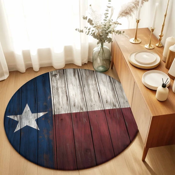 Independence Day USA State Flag Star Round Rug 3ft Retro Farm Wood Grain Washable Area Rugs for Living Room Bedroom Entryway Non Slip Entrance Door Mat Indoor Floor Carpet