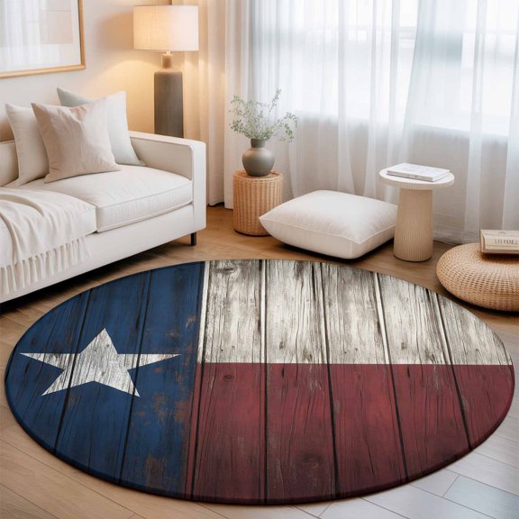 Independence Day USA State Flag Star Round Rug 5ft Retro Farm Wood Grain Washable Area Rugs for Living Room Bedroom Entryway Non Slip Entrance Door Mat Indoor Floor Carpet