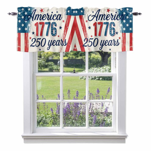 Independence Day Valances for Windows 1776 America 250 Years Vintage Country Star Rod Pocket Cafe Window Treatments Valance Curtains for Kitchen Bathroom Laundry Basement Windows 42"x12"