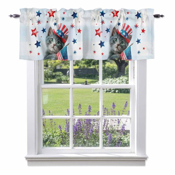 Independence Day Valances for Windows American Flag Cute Kitten Wearing A Hat Rod Pocket Cafe Window Treatments Valance Curtains for Kitchen Bathroom Laundry Basement Windows 42"x12"