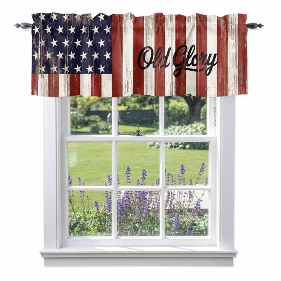 Independence Day Valances for Windows U.S. Flag Themed Five-Pointed Star Old Glory Rod Pocket Cafe Window Treatments Valance Curtains for Kitchen Bathroom Laundry Basement Windows 42"x12"