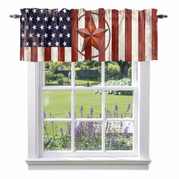 Independence Day Valances for Windows U.S. Flag Themed Metal Five-Pointed Star Rod Pocket Cafe Window Treatments Valance Curtains for Kitchen Bathroom Laundry Basement Windows 42"x12"