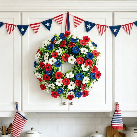 Independence Day Violet Wreath 15.75 Inch Floral Door Hanging with Realistic Daisies Green Ferns for Front Door Porch Wall Window Mantel Fireplace Entryway Office Seasonal Home Decor Holiday Gift