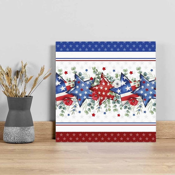 Independence Day Wall Art Painting on Canvas, Star Stripe Flag Eucalyptus Red Blue Canvas Art Home Prints Wall Art Framed Modern Artwork for Living Room Bedroom Wall Decor 8x8in