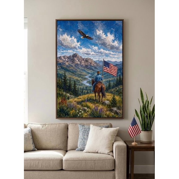 Independence Day Wall Art, Patriotic Cowboy American Flag Print, Fourth Of July USA Decor, Eagle Mountain Landscape Poster, Poster Only